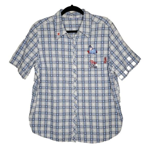 Vintage Eeyore Embroidered Shirt XL Button Up True Blue White Plaid Stars Pooh - Picture 1 of 3